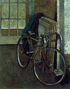 "Bicyclette jaune", 92 x 73 cm. 1996. Huile sur toile/Cire d'abeille - morales