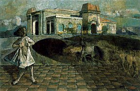 "Place de la gare : folle criant, chien bicéphal", 60 x 92 cm. 1999. Huile sur toile - morales