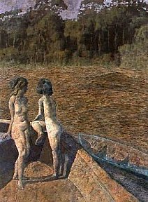 "Rio Amazonas frente a Iquitos, dos banistas", 92 x 65 cm. 2004. Huile sur toile cire d'abeille - morales