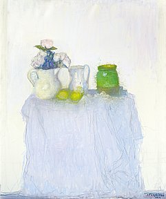 Trois pots, citrons, nappe grise sur fond blanc, 2014. 116 x 97 cm. Huile sur toile - truphemus